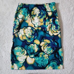 Worthington Floral Print Pencil Skirt Teal Blue Yellow Women's Size 10